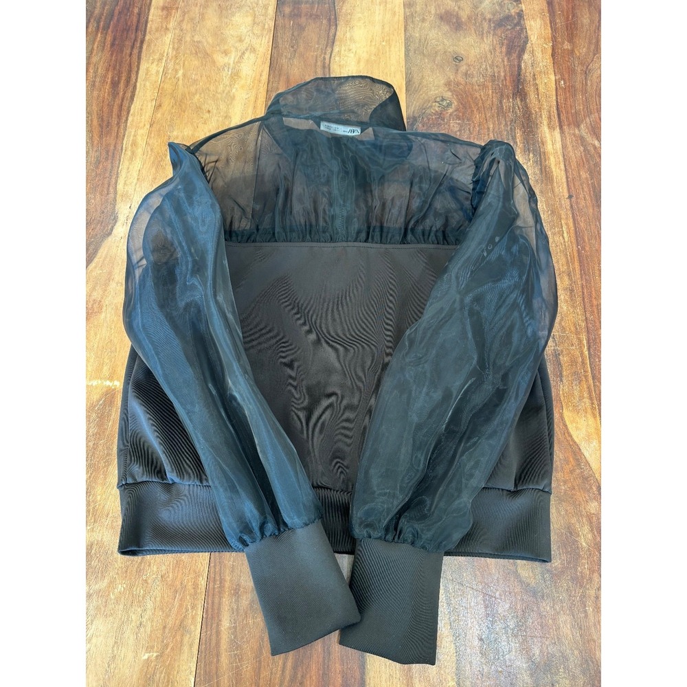 Zara fancy black bomber coat contrast sheer‎ taffeta sleeves womens' size medium